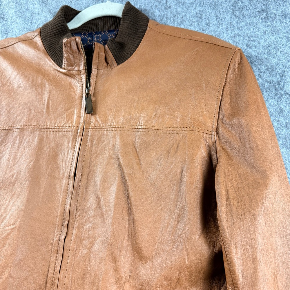 Mario Hernandez Leather Bomber Jacket Tan Brown Mens SZ 40 Zip Front Ribbed Trim - Picture 4 of 16